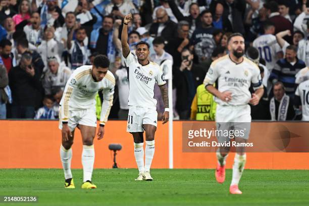 Rodrygo of Real Madrid celebrates scoring his team's second goal during the UEFA Champions League quarter-final first leg match between Real Madrid...