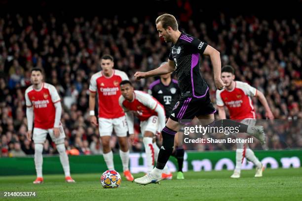Harry Kane of Bayern Munich scores his team's second goal from the penalty spot during the UEFA Champions League quarter-final first leg match...