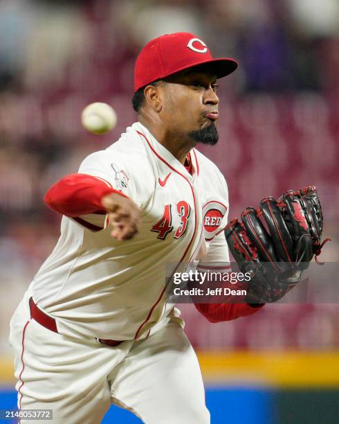 Alexis Díaz of the Cincinnati Reds throws during a baseball game against the Milwaukee Brewers at Great American Ball Park on April 08, 2024 in...