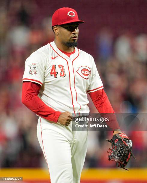 Alexis Díaz of the Cincinnati Reds celebrates following a baseball game against the Milwaukee Brewers at Great American Ball Park on April 08, 2024...