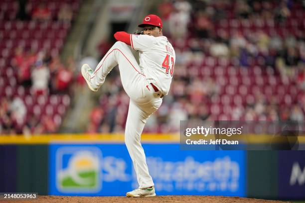 Alexis Díaz of the Cincinnati Reds throws during a baseball game against the Milwaukee Brewers at Great American Ball Park on April 08, 2024 in...