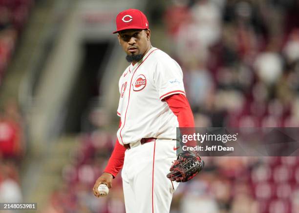 Alexis Díaz of the Cincinnati Reds stands at the pitcher's mound during a baseball game against the Milwaukee Brewers at Great American Ball Park on...