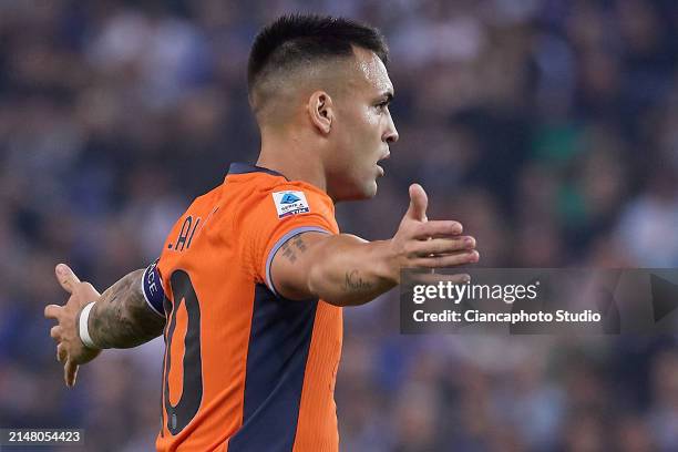 Lautaro Martinez of FC Internazionale gestures during the Serie A TIM match between Udinese Calcio and FC Internazionale at Dacia Arena on April 08,...