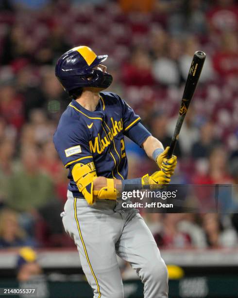 Christian Yelich of the Milwaukee Brewers watches his two-run home run against the Cincinnati Reds in the seventh inning of a baseball game at Great...