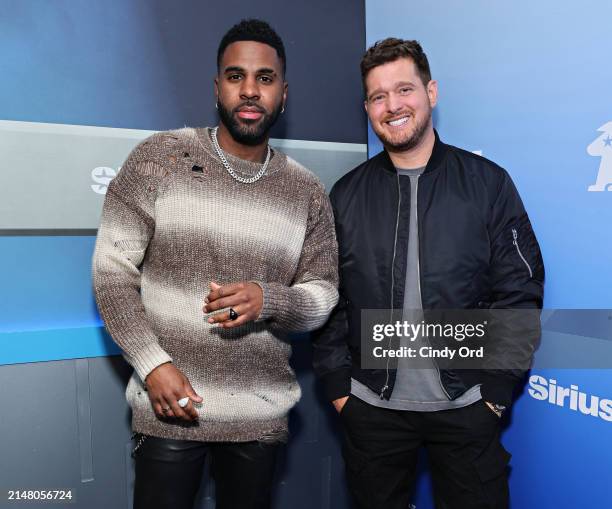 Jason Derulo and Michael Bublé visit the SiriusXM Studios on April 09, 2024 in New York City.