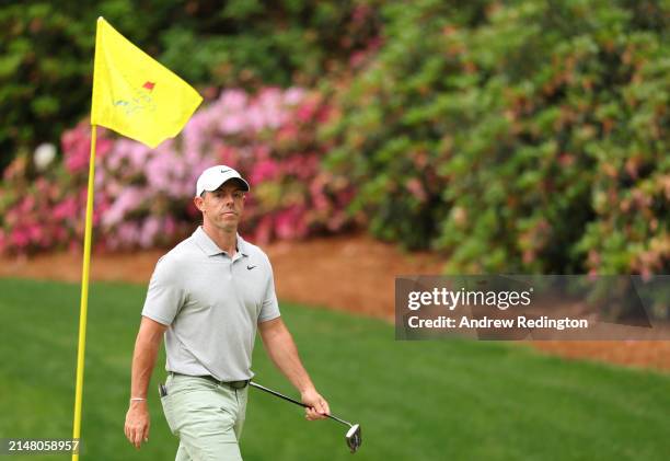 Rory McIlroy of Northern Ireland walks off the 13th hole during a practice round prior to the 2024 Masters Tournament at Augusta National Golf Club...