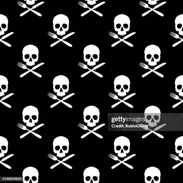 totenköpfe und gekreuztes silberbesteck nahtloses muster - totenkopf stock-grafiken, -clipart, -cartoons und -symbole
