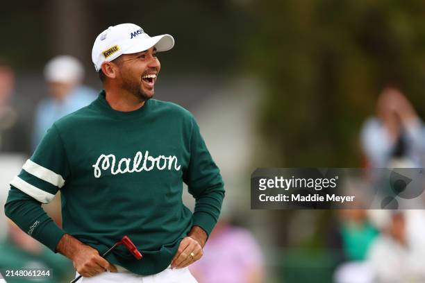 Jason Day of Australia reacts on the 18th green during a practice round prior to the 2024 Masters Tournament at Augusta National Golf Club on April...