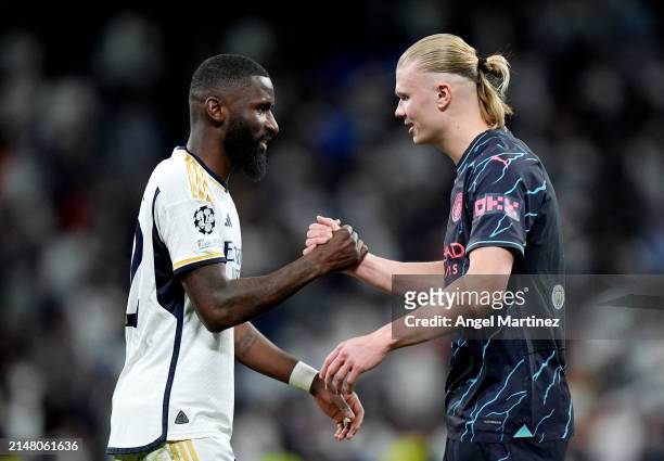 Antonio Ruediger of Real Madrid and Erling Haaland of Manchester City shake hands after the draw in the UEFA Champions League quarter-final first leg...