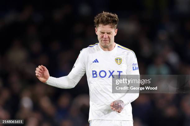 Joe Rodon of Leeds United looks dejected following the Sky Bet Championship match between Leeds United and Sunderland at Elland Road on April 09,...