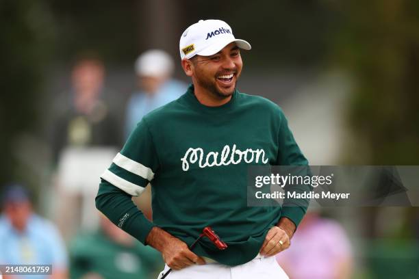 Jason Day of Australia reacts on the 18th green during a practice round prior to the 2024 Masters Tournament at Augusta National Golf Club on April...