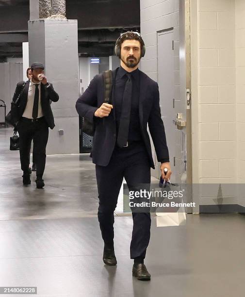 Chris Kreider of the New York Rangers arrives for the game against the New York Islanders at UBS Arena on April 09, 2024 in Elmont, New York.