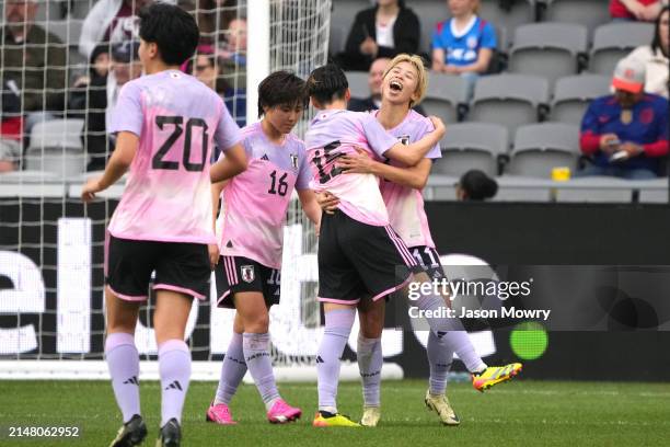 Mina Tanaka of Japan celebrates a goal against Brazil in the first half of the 2024 SheBelieves Cup at Lower.com Field on April 09, 2024 in Columbus,...