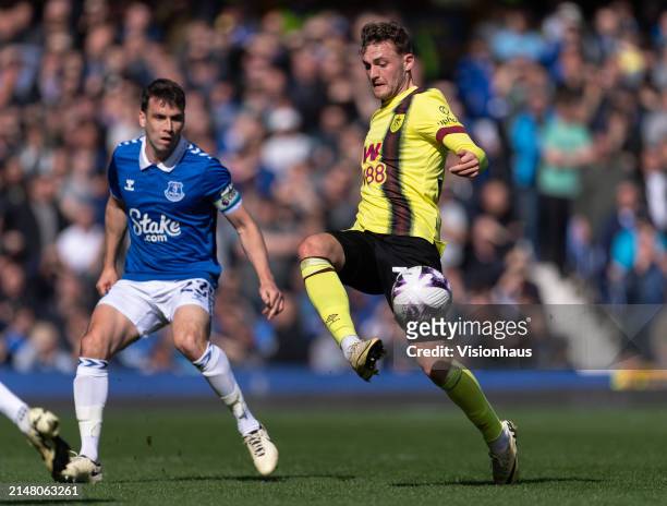 Jacob Bruun Larsen of Burnley and Seamus Coleman of Everton in action during the Premier League match between Everton FC and Burnley FC at Goodison...