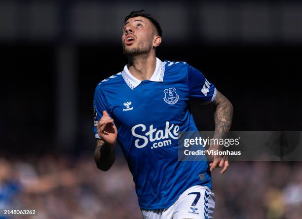 Dwight McNeil of Everton in action during the Premier League match between Everton FC and Burnley FC at Goodison Park on April 6, 2024 in Liverpool,...