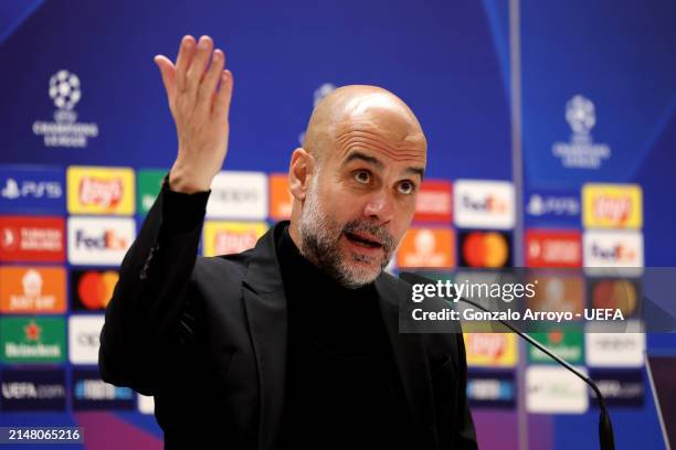 Pep Guardiola, Manager of Manchester City, speaks to the media in the post match press conference after the draw in the UEFA Champions League...