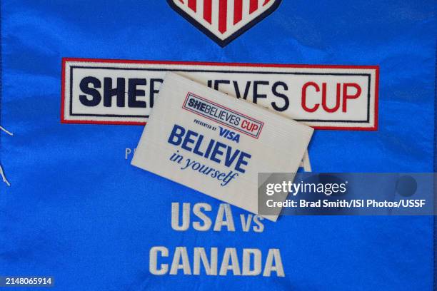The game pennant ad captain's armband in the United States locker room prior to playing Canada in the 2024 SheBelieves Cup final match at Lower.com...