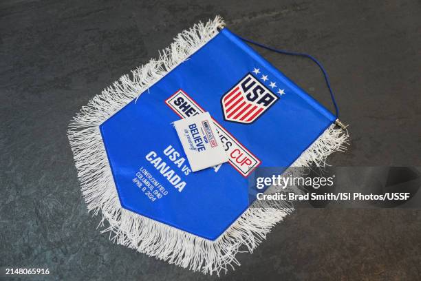 The game pennant and captain's armband in the United States locker room prior to playing Canada in the 2024 SheBelieves Cup final match at Lower.com...