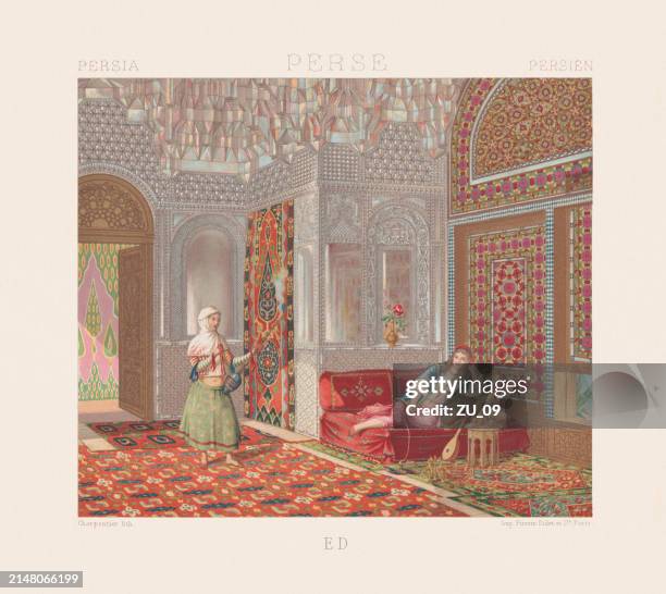 persian living room from the past, hromolithograph, published in 1888 - hookah stock illustrations