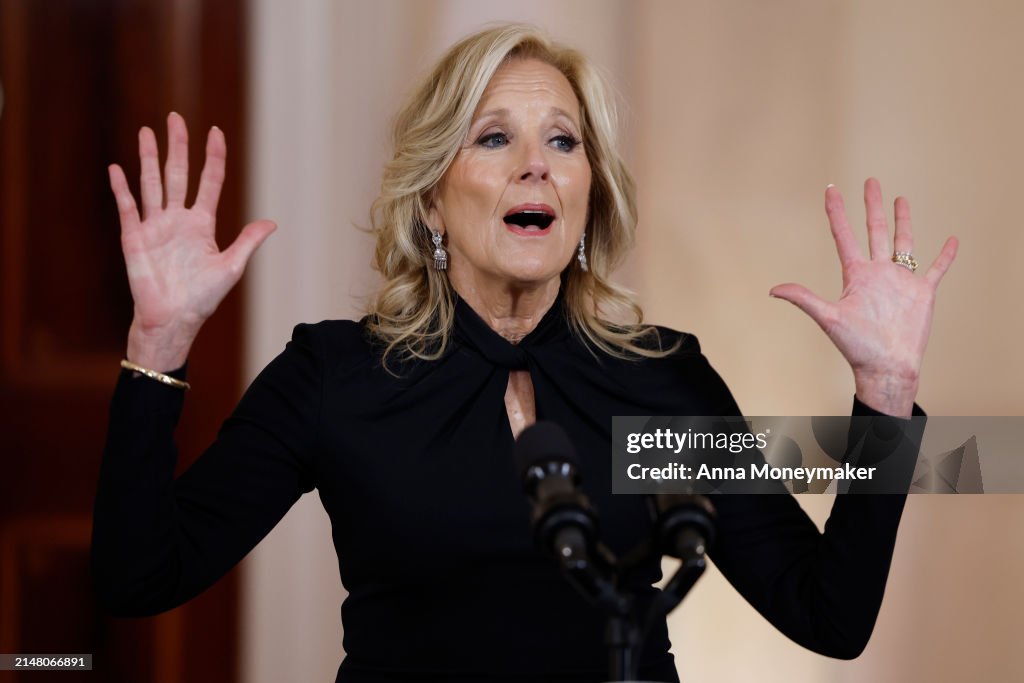 First lady Jill Biden speaks during a State Dinner media preview in ...
