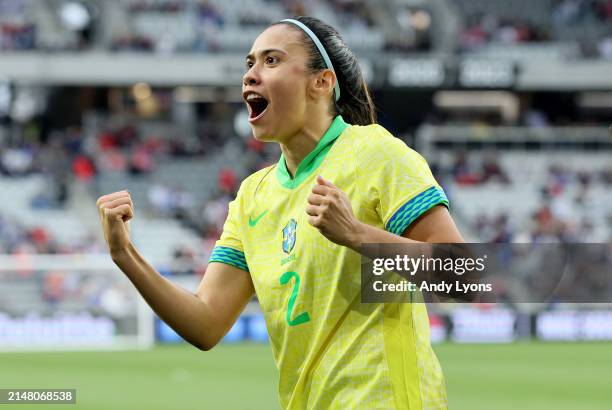 Antônia of Brazil celebrates after Brazil won in penalty kicks against Japan for third place in the 2024 SheBelieves Cup at Lower.com Field on April...