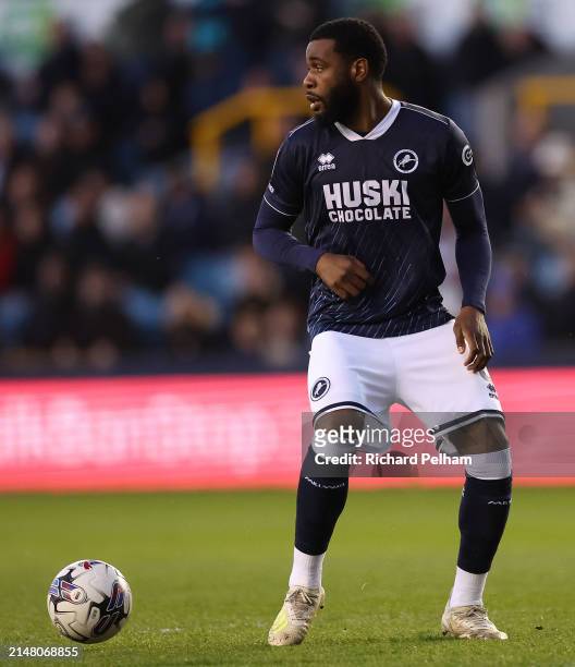 Japhet Tanganga of Millwall during the Sky Bet Championship match between Millwall and Leicester City at The Den on April 09, 2024 in London, England.