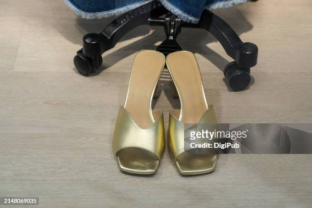 elegant golden slip-on heels - gold shoe stock pictures, royalty-free photos & images