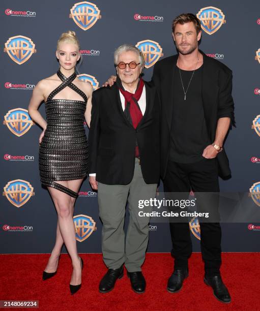 Anya Taylor-Joy, George Miller and Chris Hemsworth attend the Warner Bros. Pictures Presentation during CinemaCon 2024 at The Colosseum at Caesars...