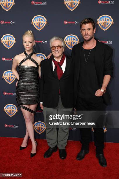 Anya Taylor-Joy, writer/director/producer George Miller and Chris Hemsworth of "Furiosa: A Mad Max Saga" attend the 2024 WonderCon's Warner Bros....