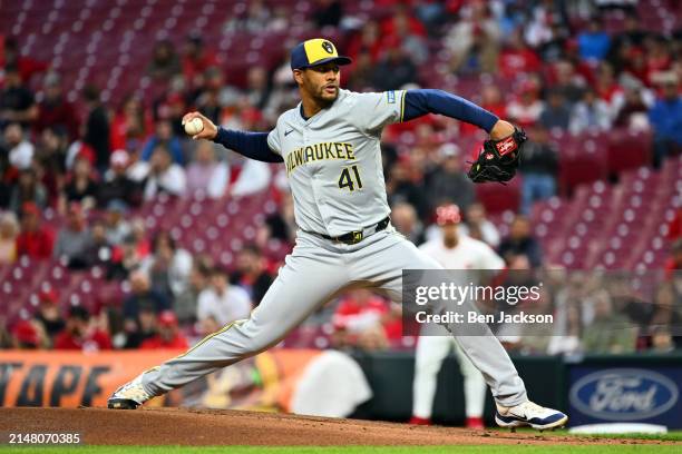 Joe Ross of the Milwaukee Brewers pitches in the first inning of a game against the Cincinnati Reds at Great American Ball Park on April 09, 2024 in...