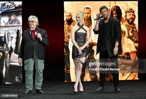 George Miller, Anya Taylor-Joy and Chris Hemsworth speak onstage during the Warner Bros. Pictures Presentation during CinemaCon 2024 at The Colosseum...