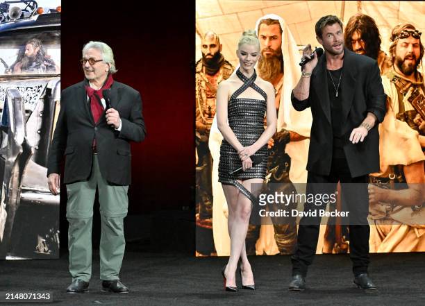 George Miller, Anya Taylor-Joy and Chris Hemsworth speak onstage during the Warner Bros. Pictures Presentation during CinemaCon 2024 at The Colosseum...