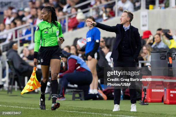 Canada head coach Bev Priestman shouts instructions during the first half against the United States in the 2024 SheBelieves Cup final match at...