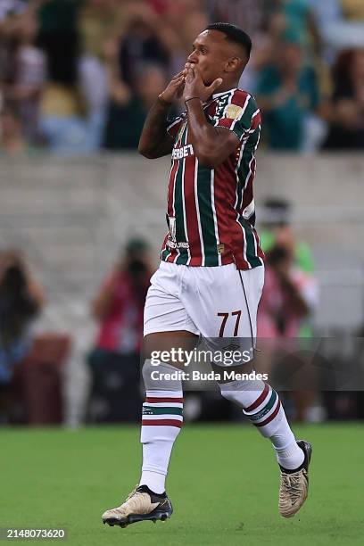 Marquinhos of Fluminense celebrates after scoring the team's first goal during the Copa CONMEBOL Libertadores 2024 group A match between Fluminense...