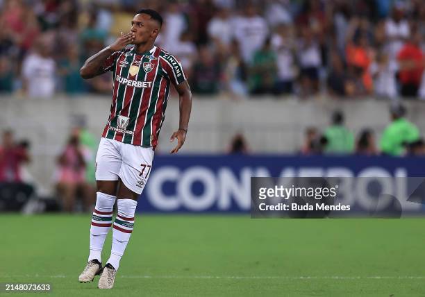 Marquinhos of Fluminense celebrates after scoring the team's first goal during the Copa CONMEBOL Libertadores 2024 group A match between Fluminense...