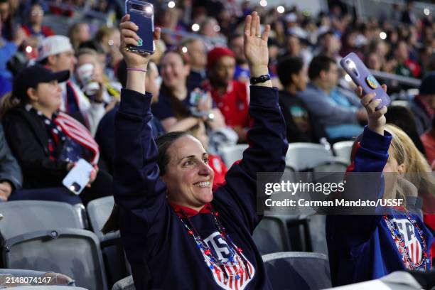 United States fans in the stands during halftime as the United States plays Canada in the 2024 SheBelieves Cup final match at Lower.com Field on...