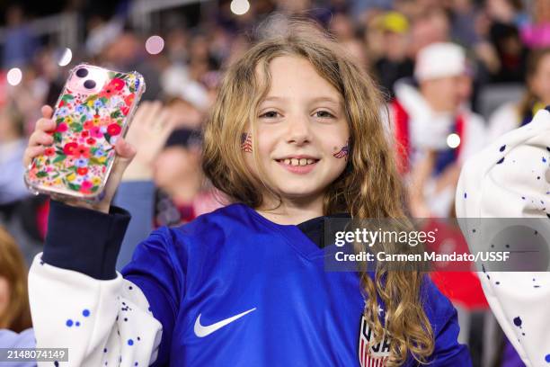 United States fans in the stands during halftime as the United States plays Canada in the 2024 SheBelieves Cup final match at Lower.com Field on...