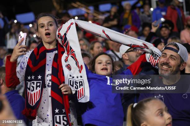 United States fans in the stands during halftime as the United States plays Canada in the 2024 SheBelieves Cup final match at Lower.com Field on...