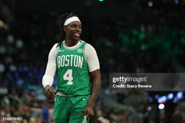 Jrue Holiday of the Boston Celtics walks backcourt during the first half of a game against the Milwaukee Bucks at Fiserv Forum on April 09, 2024 in...