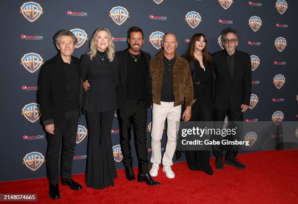 Willem Dafoe, Catherine O'Hara, Justin Theroux, Michael Keaton, Monica Bellucci and Tim Burton attend the Warner Bros. Pictures Presentation during...