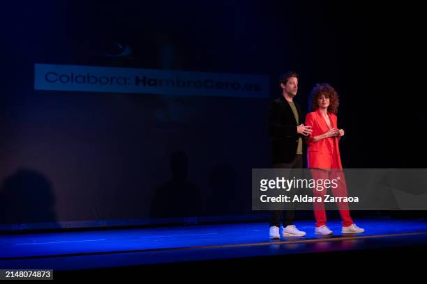 Manu Baqueiro and Cayetana Cabezas speak during the "Cómicos Contra El Hambre" show organized by Hambre Cero at Maravillas Theatre on April 09, 2024...