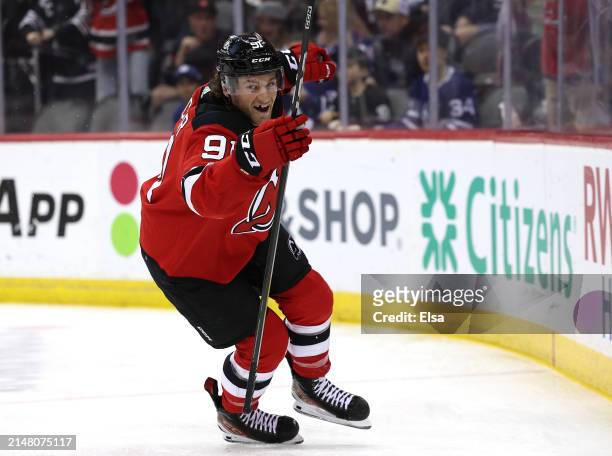 Dawson Mercer of the New Jersey Devils celebrates his goal during the second period against the Toronto Maple Leafs at Prudential Center on April 09,...
