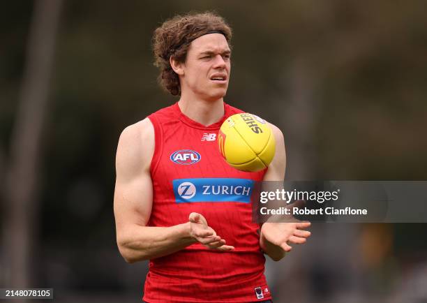 Ben Brown of the Demons looks on during a Melbourne Demons AFL training session at Gosch's Paddock on April 10, 2024 in Melbourne, Australia.