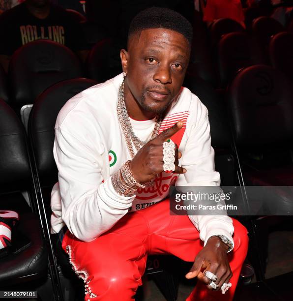 Rapper Boosie Badazz attends the game between the Miami Heat and the Atlanta Hawks at State Farm Arena on April 09, 2024 in Atlanta, Georgia. NOTE TO...