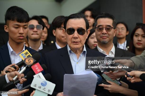 Ma Ying-jeou, former chairman of the Chinese Kuomintang party, speaks to the media at the Palace Museum on April 8, 2024 in Beijing, China. Ma...