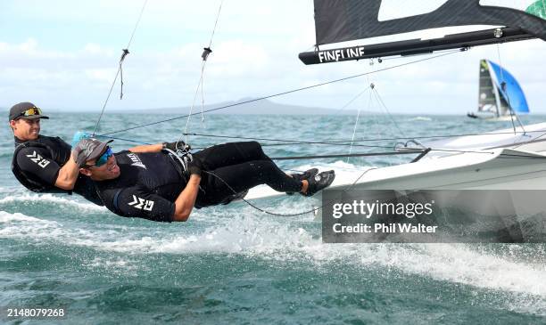 New Zealand's 2024 Paris Olympic Games 49er sailors Isaac McHardie and Will McKenzie training on the water out from the Torbay Sailing Club on April...