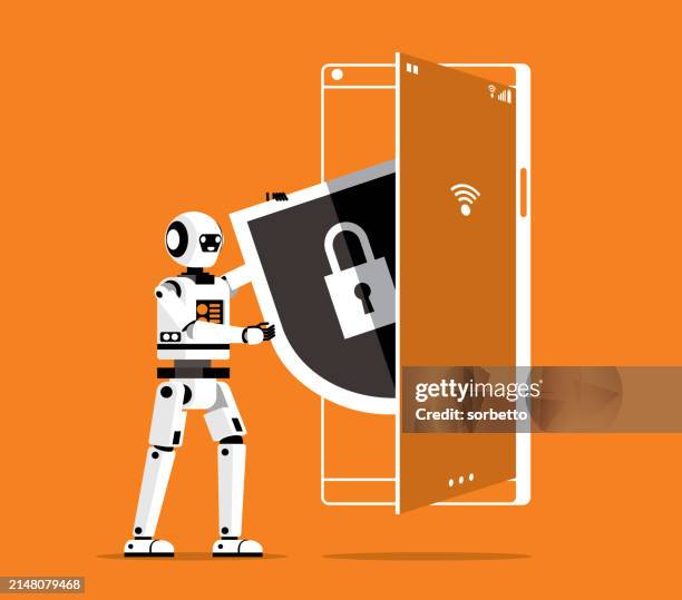 mobiltelefon mit schild - cyborg stock-grafiken, -clipart, -cartoons und -symbole