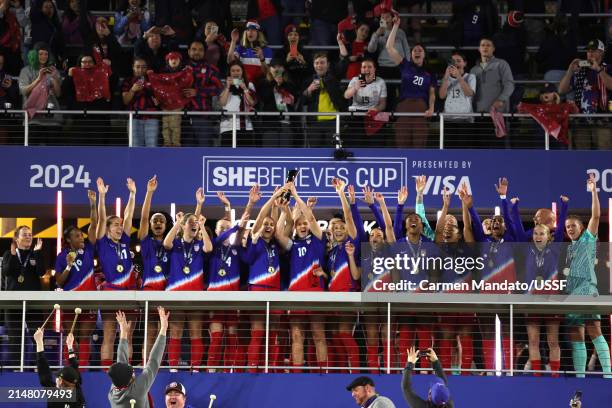 United States players celebrates winning the SheBelieves Cup against Canada in the 2024 SheBelieves Cup final match at Lower.com Field on April 09,...