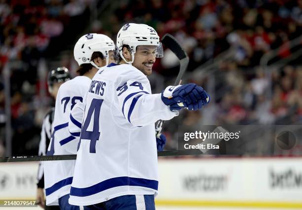 Auston Matthews of the Toronto Maple Leafs celebrates his goal during the third period against the New Jersey Devils at Prudential Center on April...