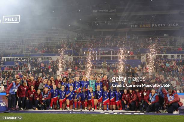 The United States celebrates winning the SheBelieves Cup against Canada in the 2024 SheBelieves Cup final match at Lower.com Field on April 09, 2024...